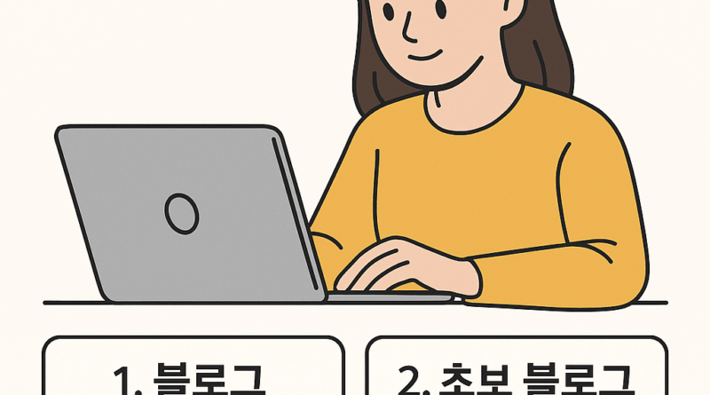 노트북을 들여다보는 20대 여성과 블로그 시작 계기를 설명한 일러스트 인포그래픽